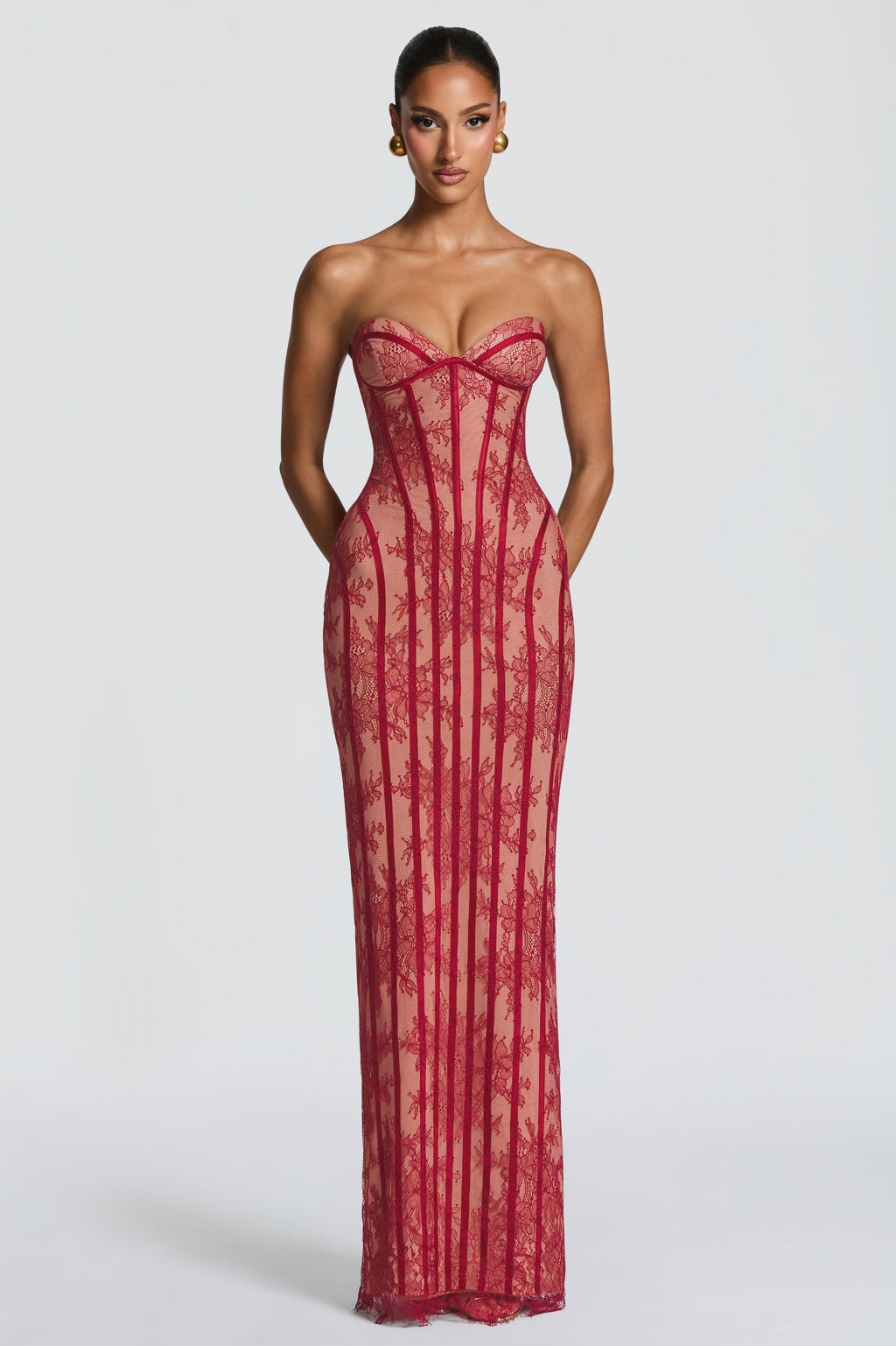Burgundy Off-Shoulder Lace Maxi Dress