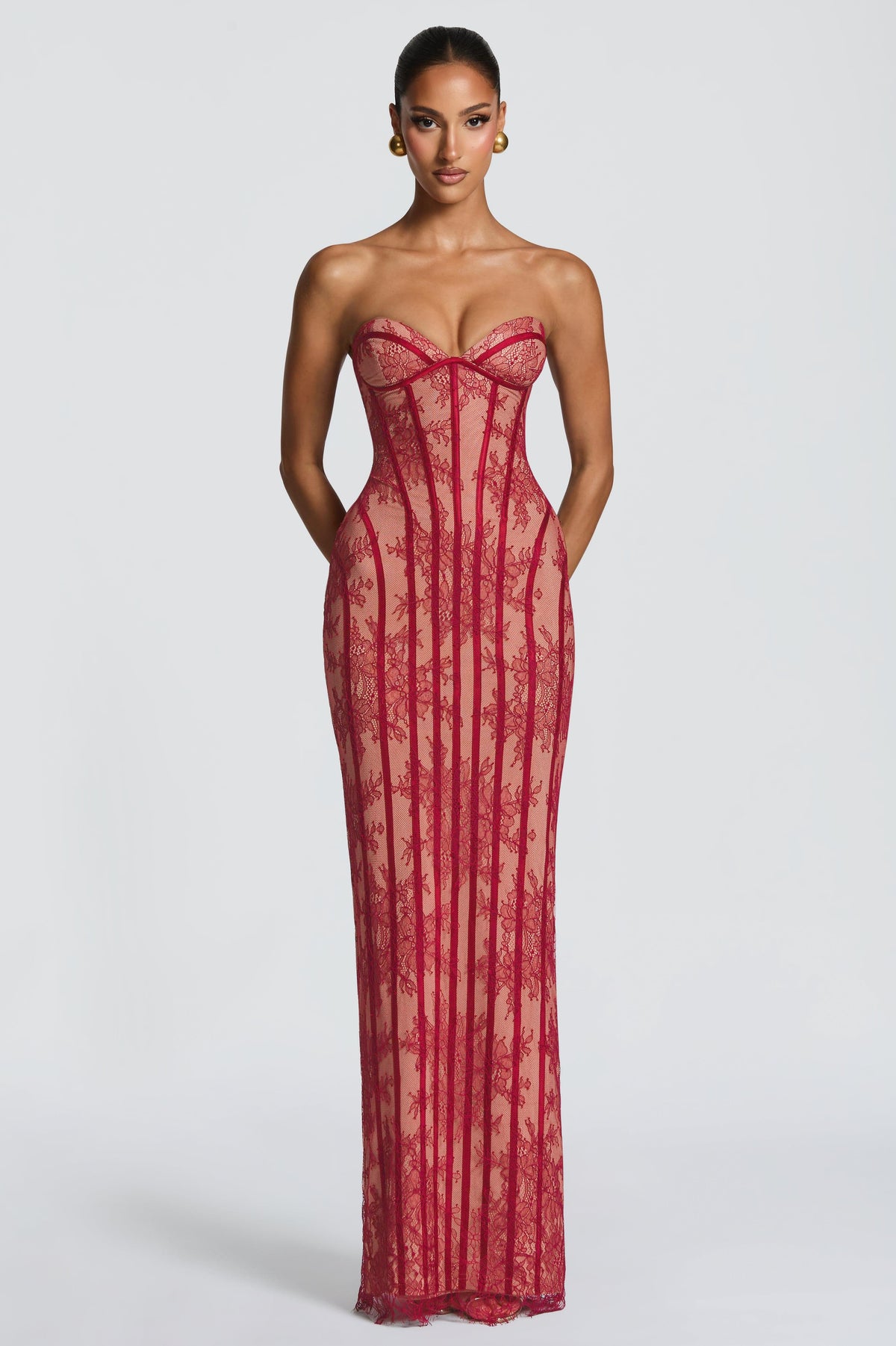Burgundy Off-Shoulder Lace Maxi Dress