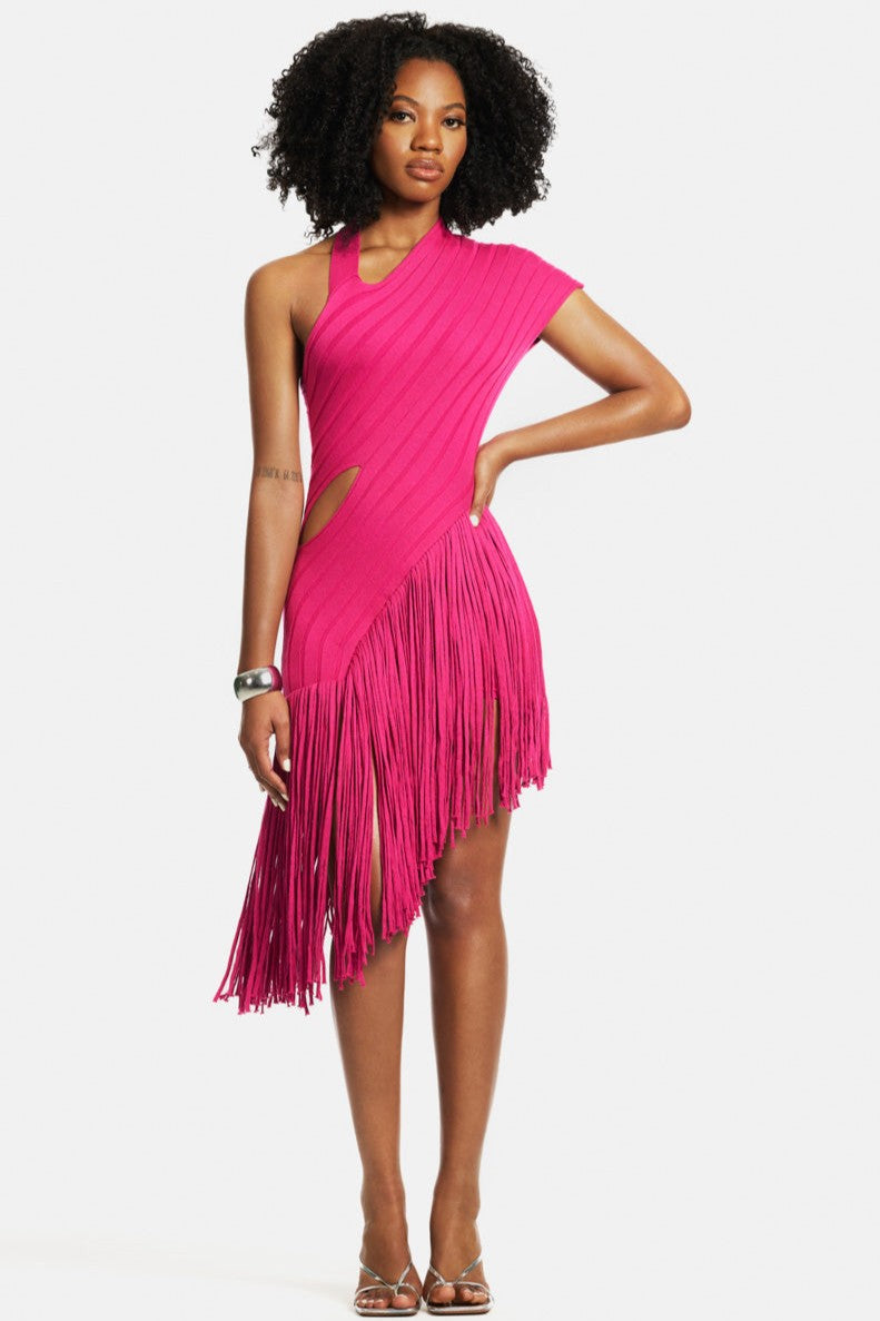 Fuchsia Tassel Skew Knit Midi