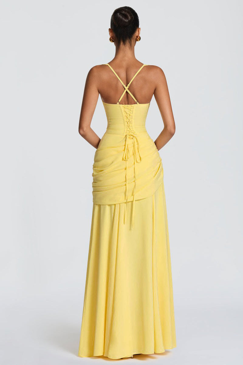 Yellow Ruched Chiffon Slip Maxi Dress