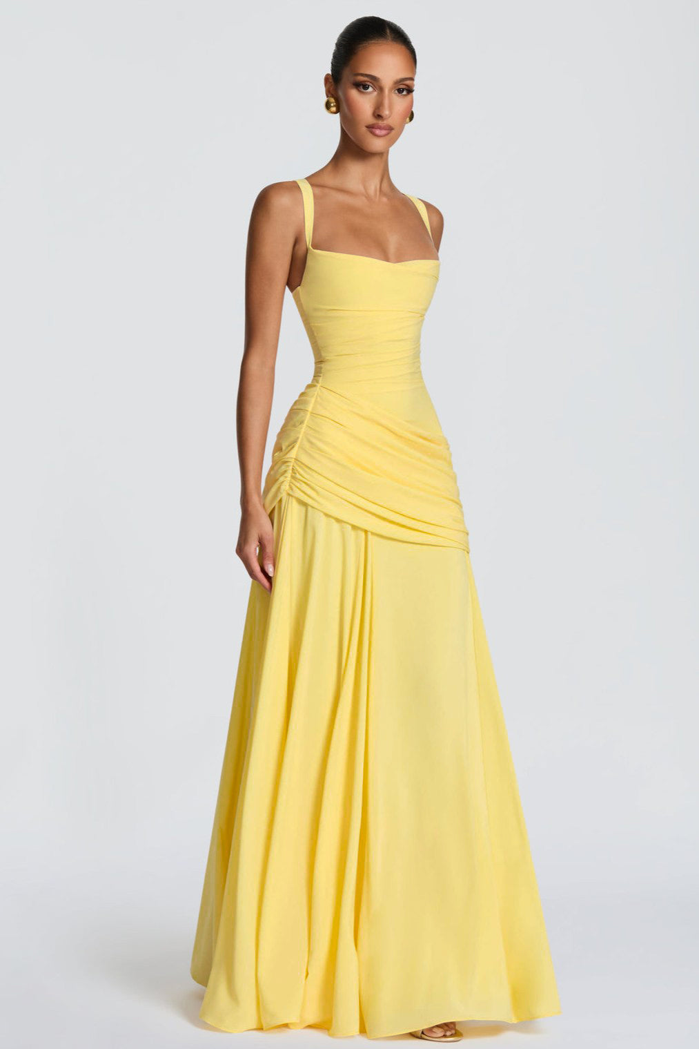 Yellow Ruched Chiffon Slip Maxi Dress