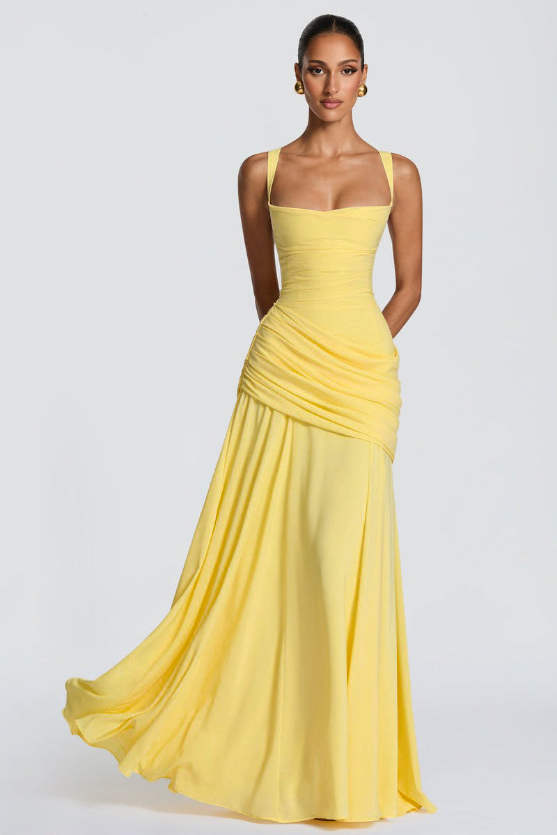 Yellow Ruched Chiffon Slip Maxi Dress