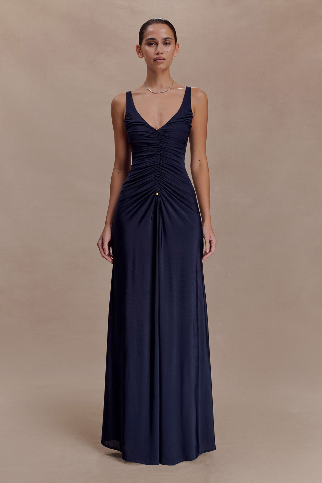 High-Stretch Blue V-Neck Maxi