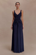 High-Stretch Blue V-Neck Maxi