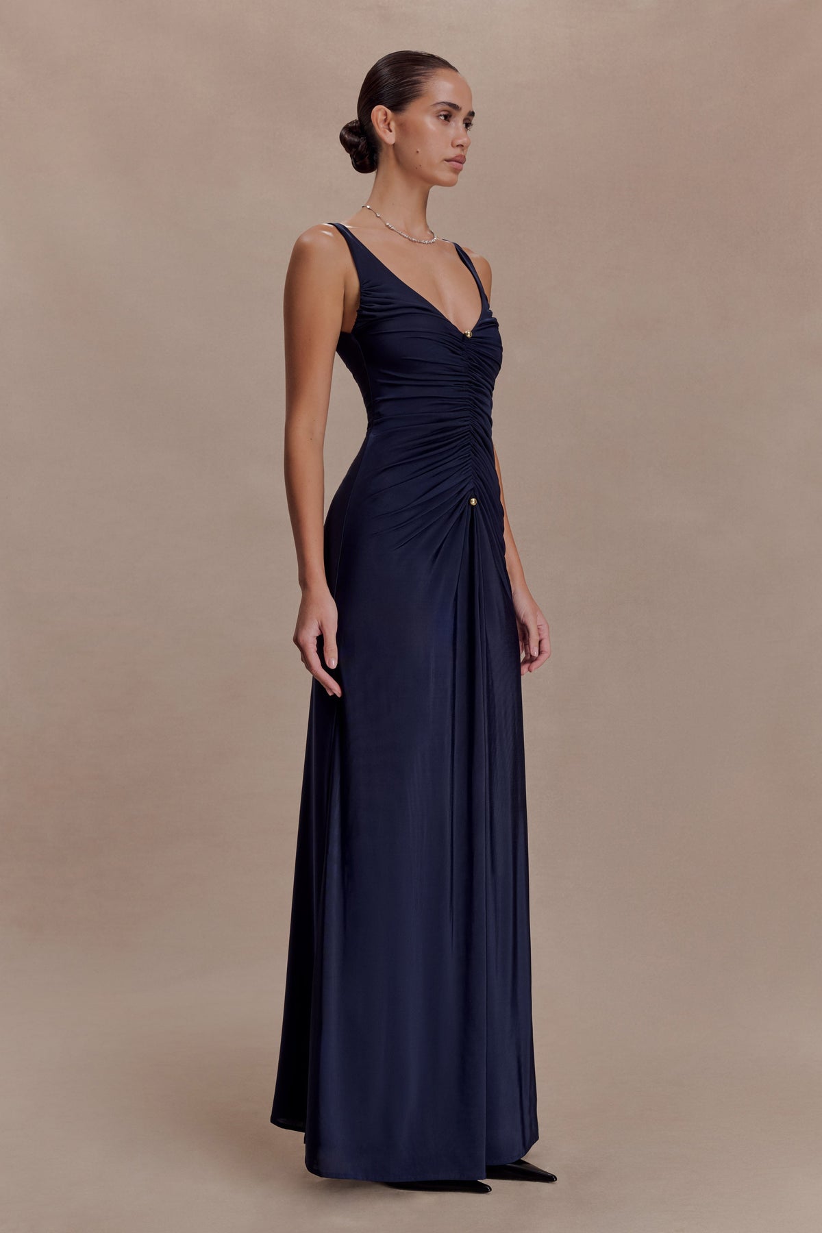 High-Stretch Blue V-Neck Maxi