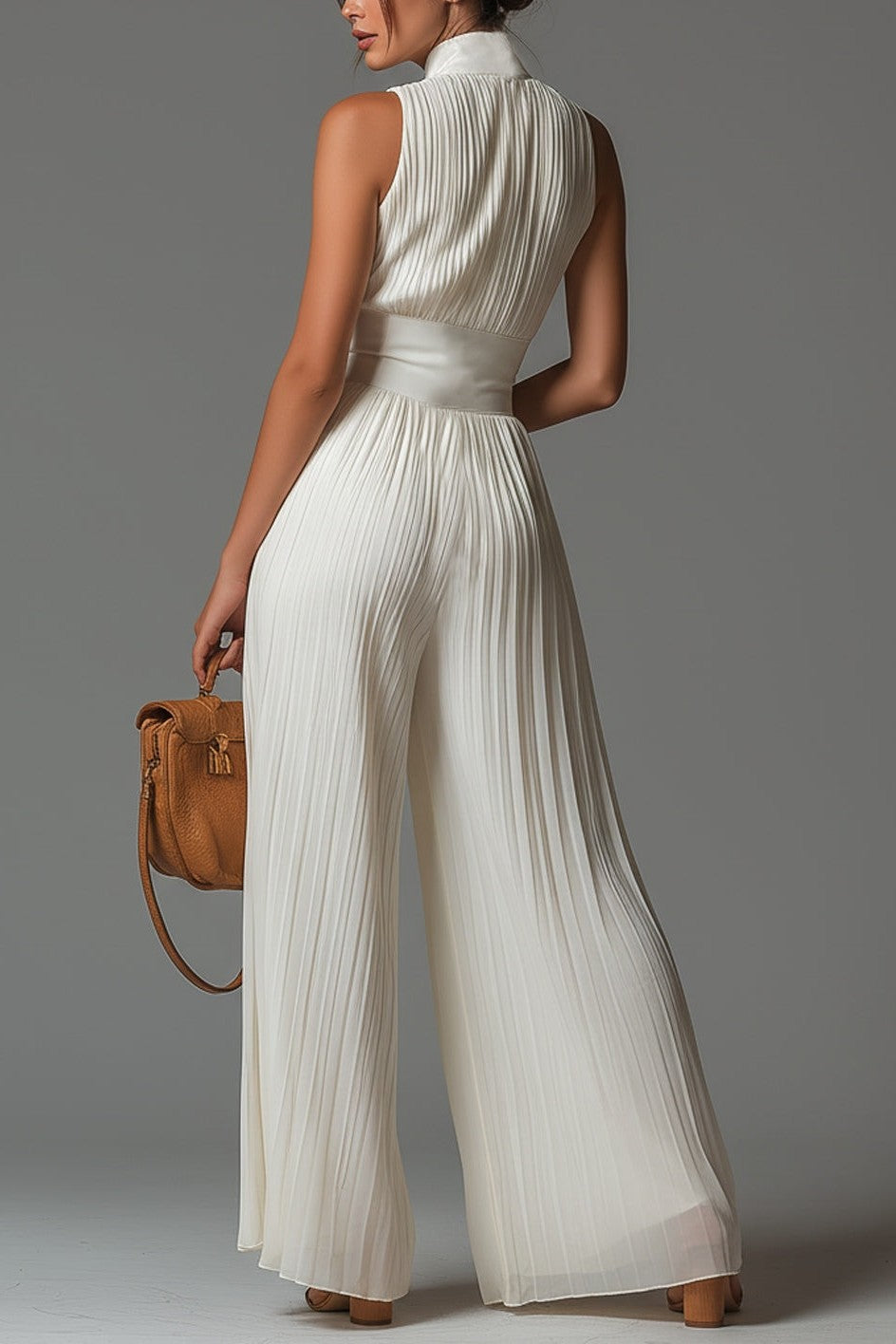 Chiffon White High-Stretch Zip-Up Wide-Leg Jumpsuit