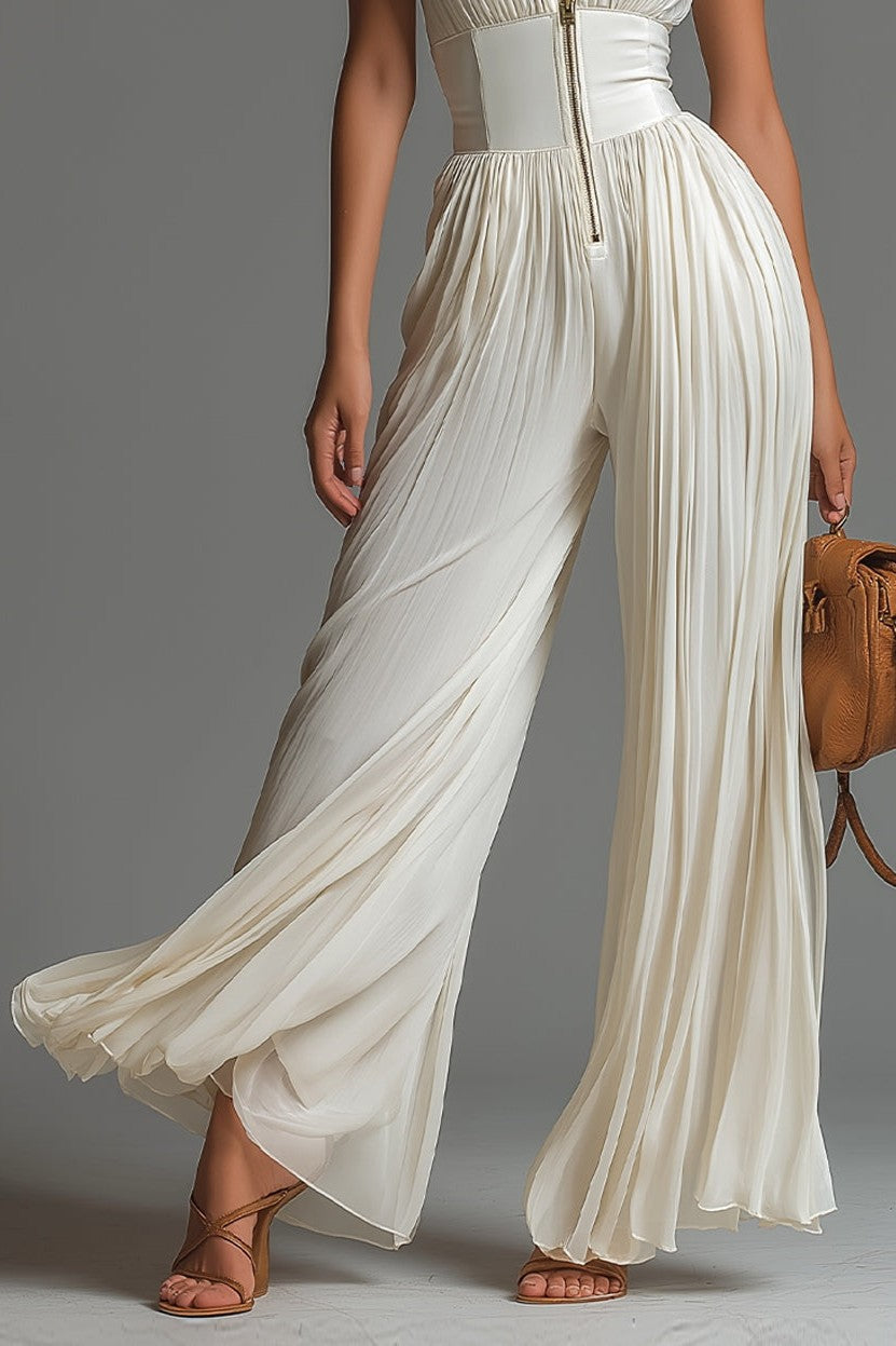 Chiffon White High-Stretch Zip-Up Wide-Leg Jumpsuit