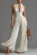Chiffon White High-Stretch Zip-Up Wide-Leg Jumpsuit
