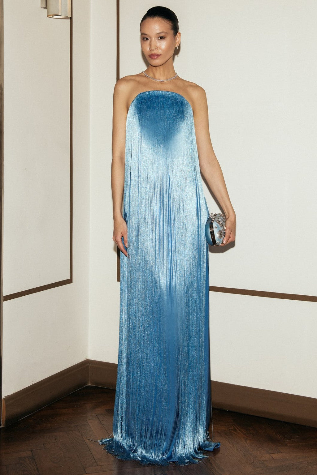 Satin Fringe Strapless Maxi