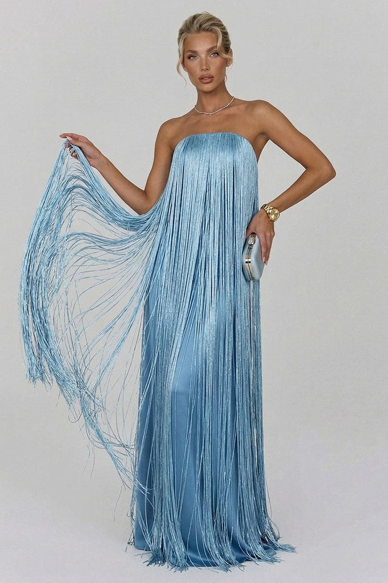 Satin Fringe Strapless Maxi