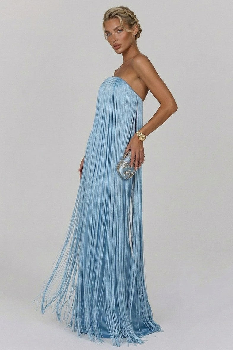 Satin Fringe Strapless Maxi