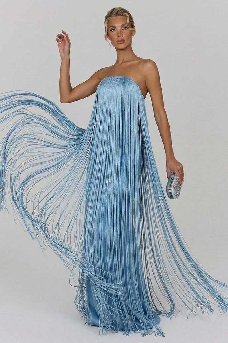 Satin Fringe Strapless Maxi