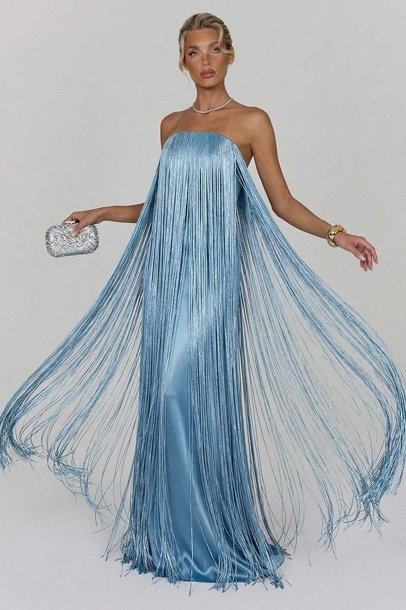 Satin Fringe Strapless Maxi