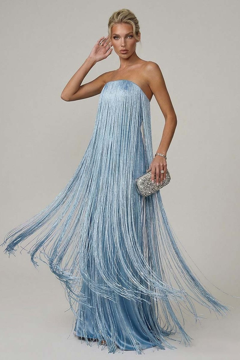 Satin Fringe Strapless Maxi