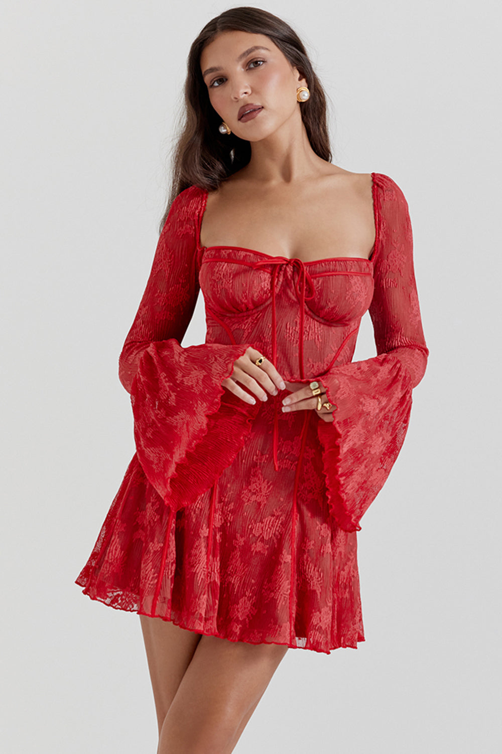 Lace Long Sleeve Square Neck Tie Mini