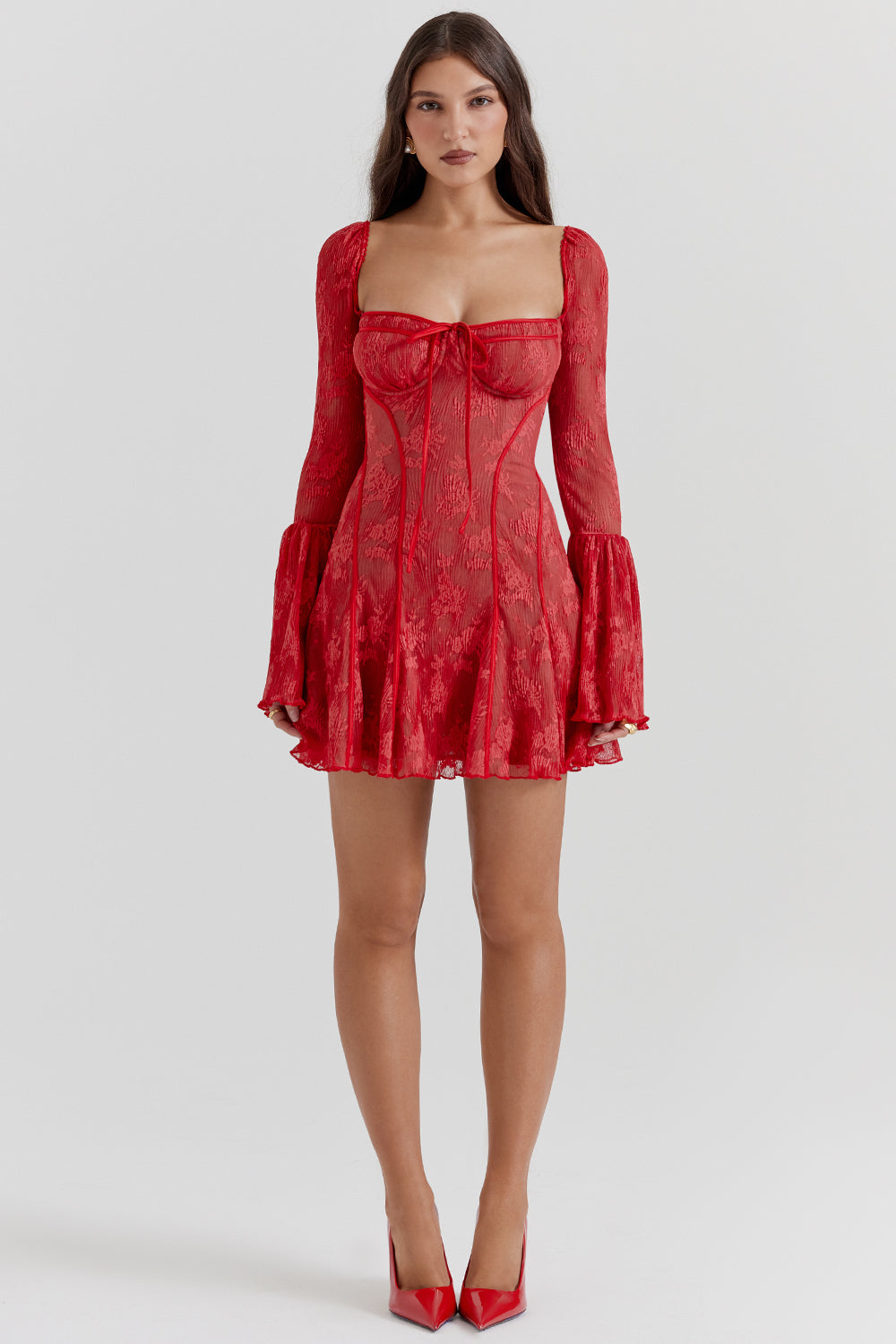 Lace Long Sleeve Square Neck Tie Mini