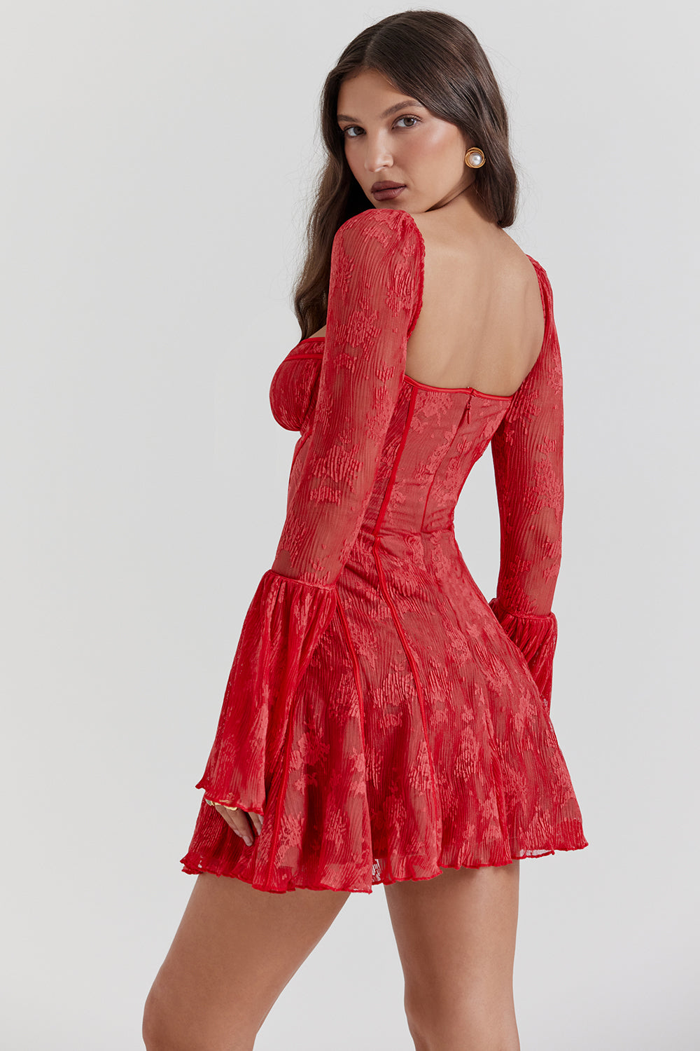 Lace Long Sleeve Square Neck Tie Mini