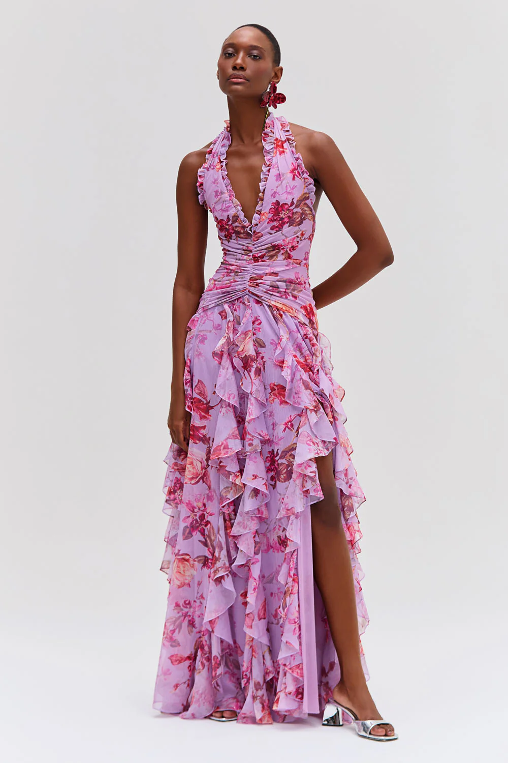 Chiffon Halter Ruffle Maxi