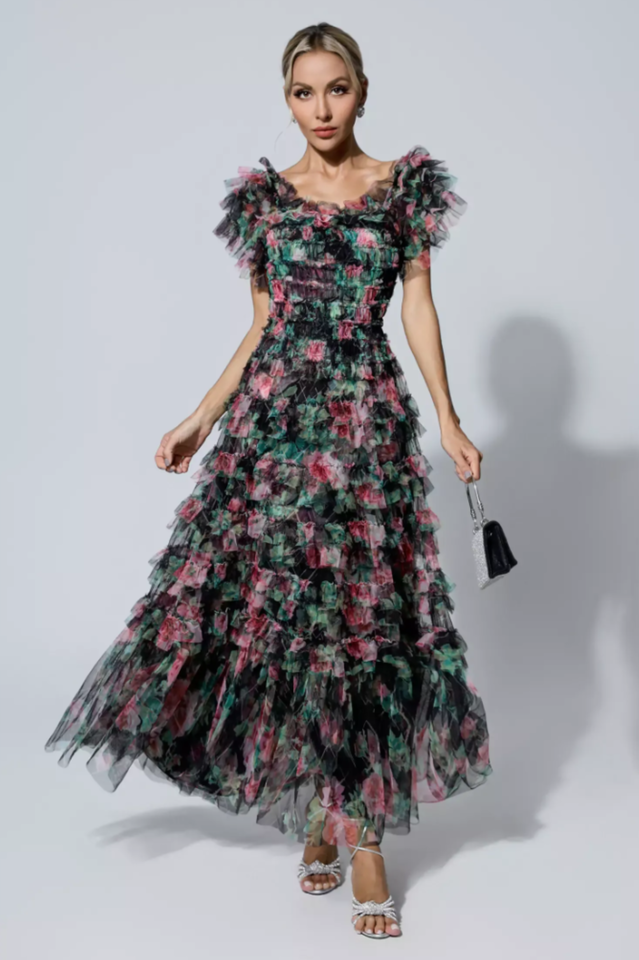 Square Neck Ruched Floral Maxi