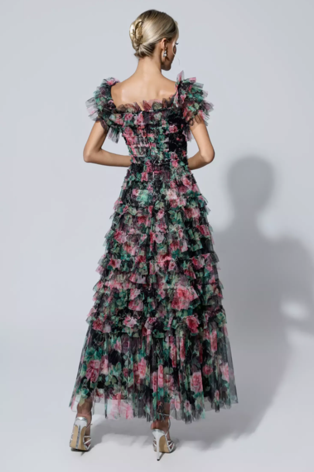 Square Neck Ruched Floral Maxi
