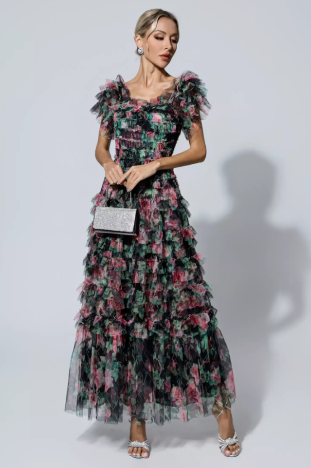 Square Neck Ruched Floral Maxi