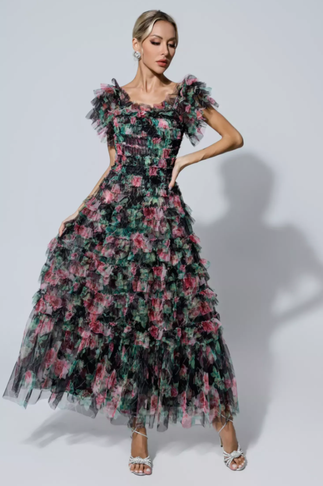 Square Neck Ruched Floral Maxi