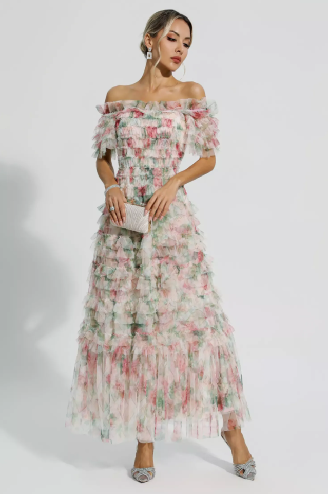 Square Neck Ruched Floral Maxi