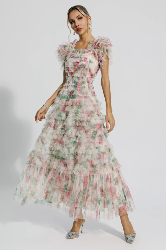 Square Neck Ruched Floral Maxi