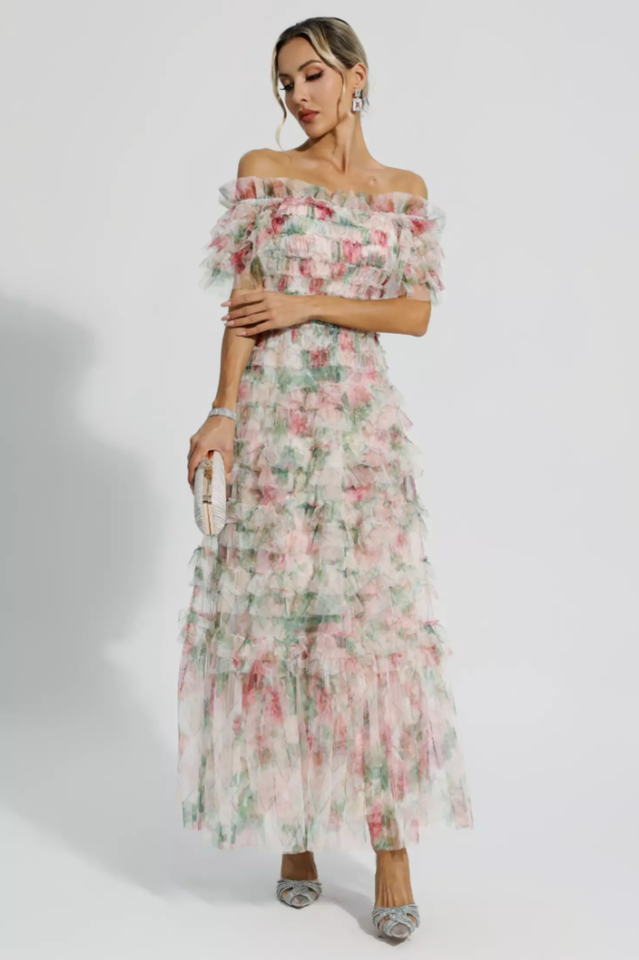 Square Neck Ruched Floral Maxi