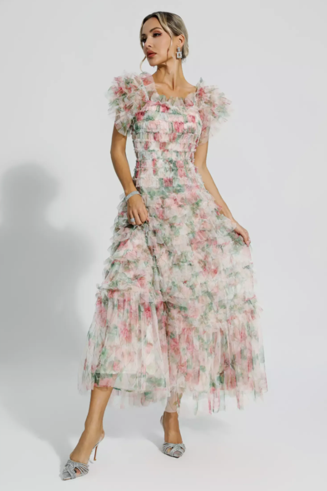 Square Neck Ruched Floral Maxi