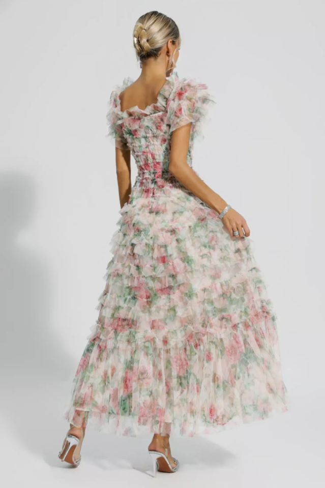 Square Neck Ruched Floral Maxi