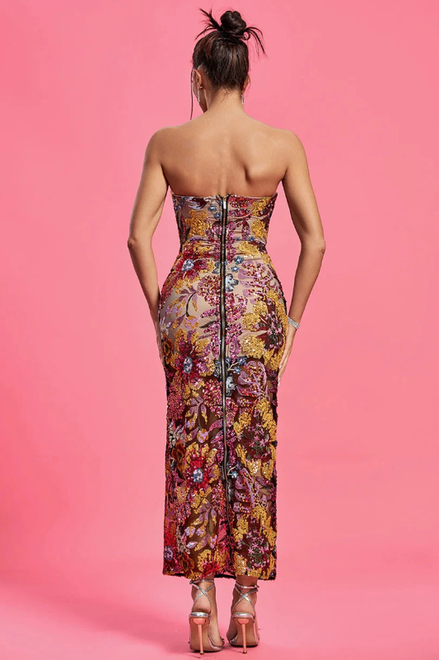 Strapless Floral Sequin Maxi