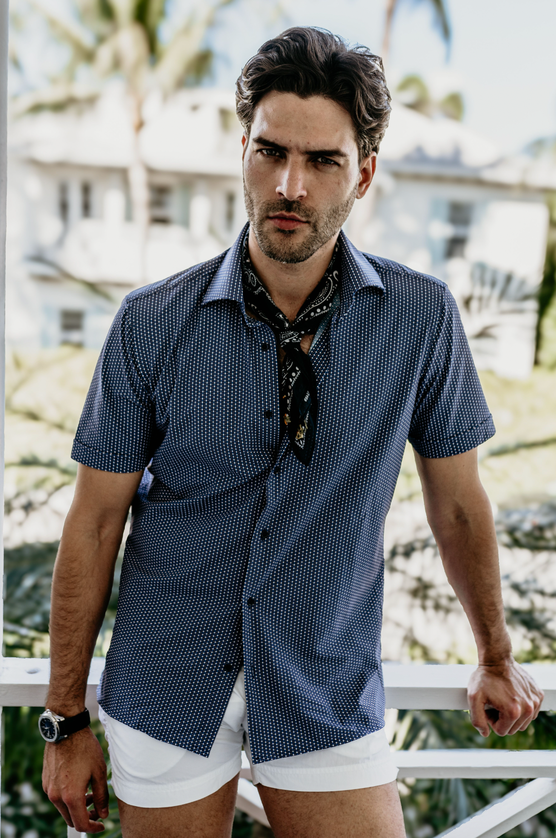 Deep blue white polka dot shirt