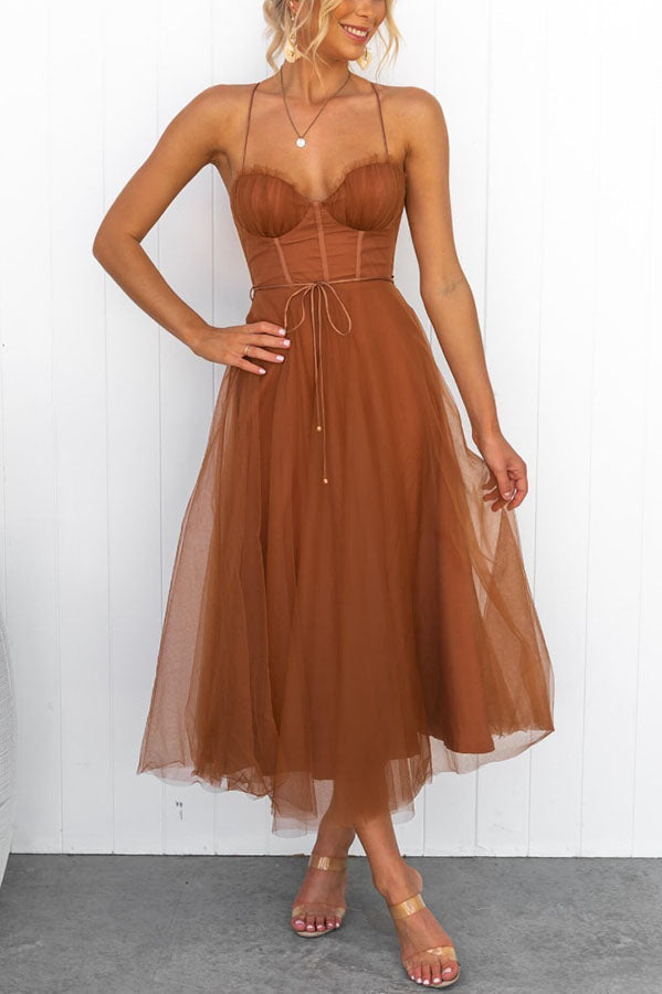 Sleeveless Tulle Ankle-Length Gown