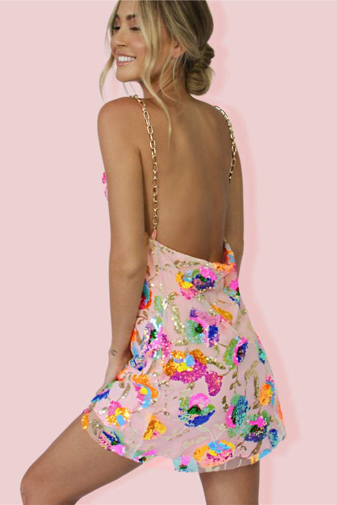 Sequin Mesh Metal Shoulder Chain Backless Mini