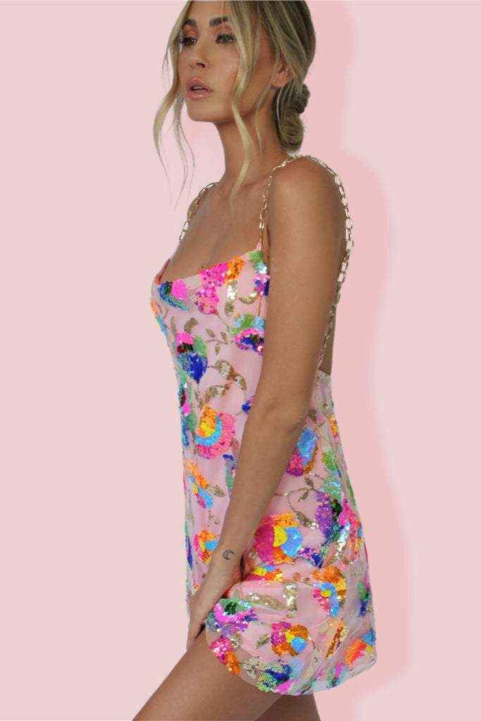 Sequin Mesh Metal Shoulder Chain Backless Mini