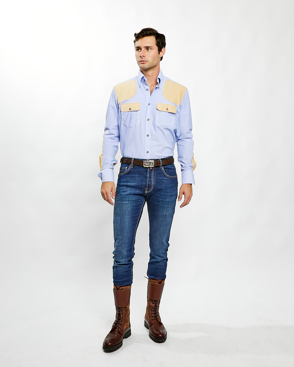 Performance Field Shirt in Blue with Tan