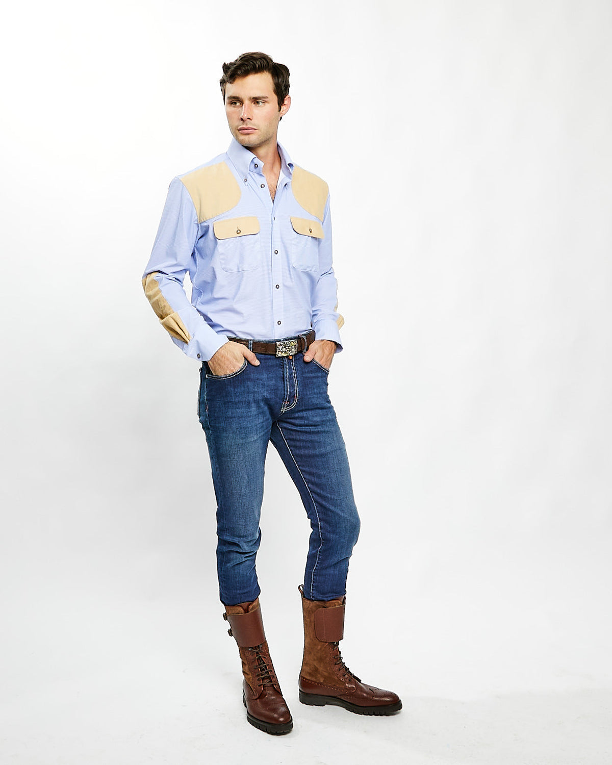 Performance Field Shirt in Blue with Tan