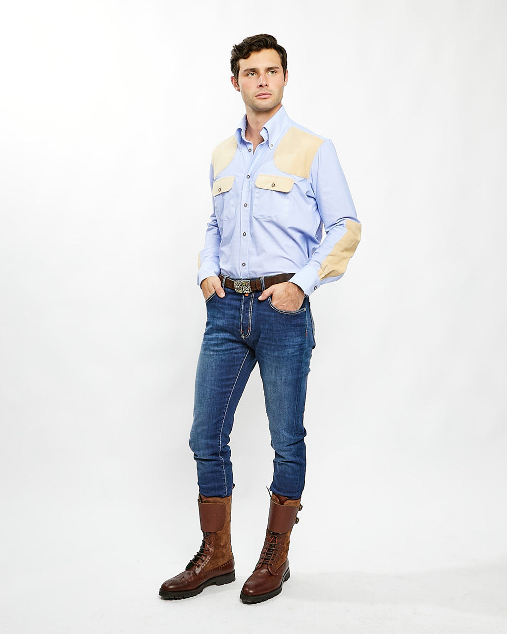 Performance Field Shirt in Blue with Tan