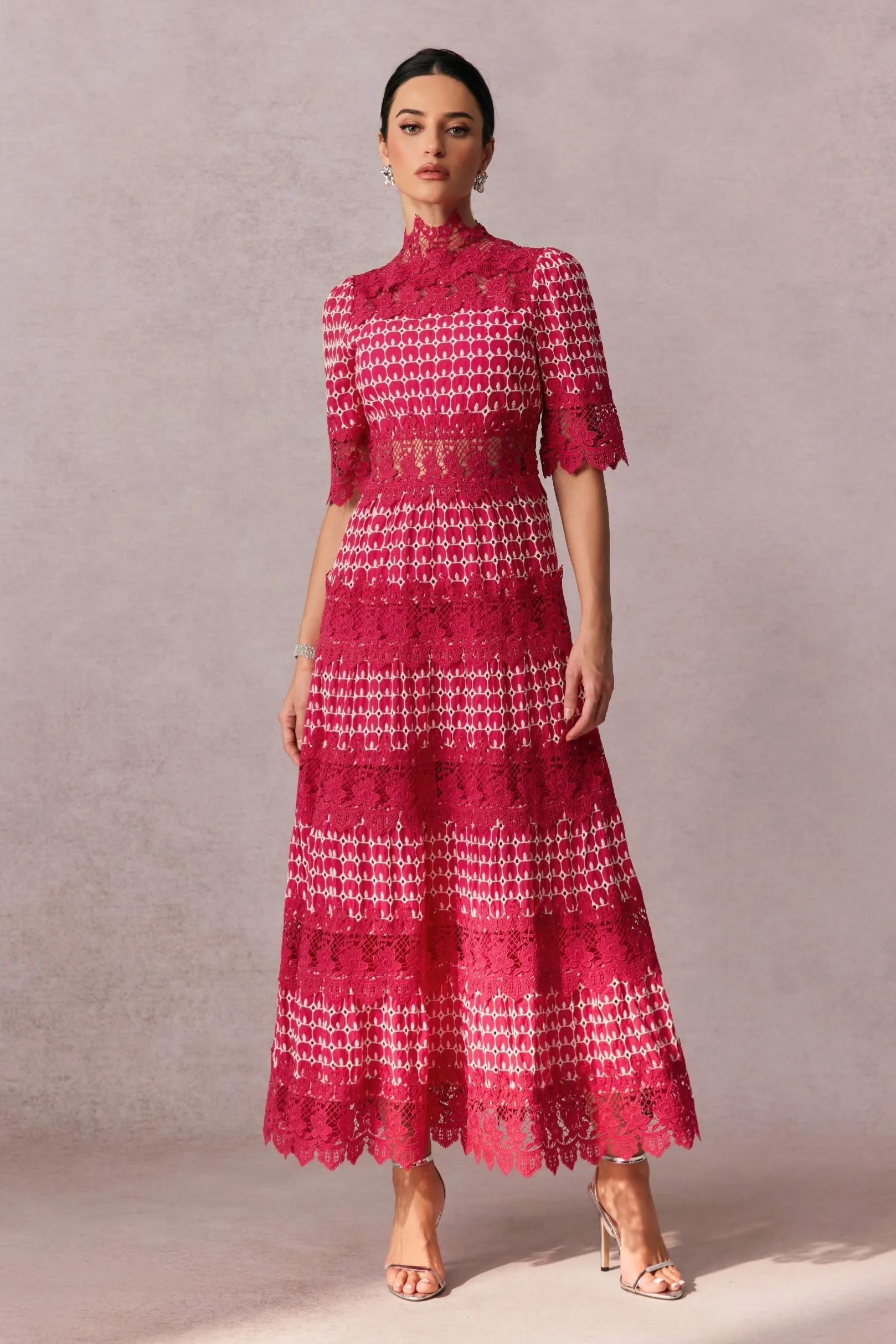 Mock Neck Embroidered Lace Midi