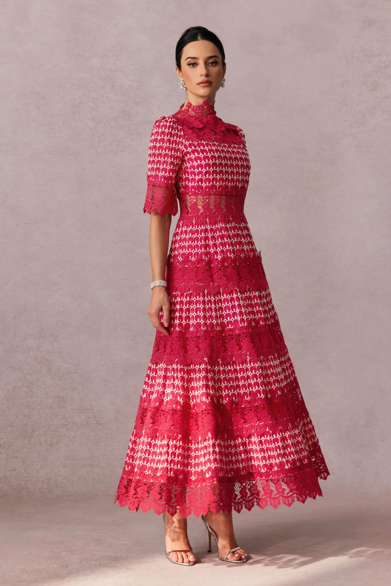 Mock Neck Embroidered Lace Midi