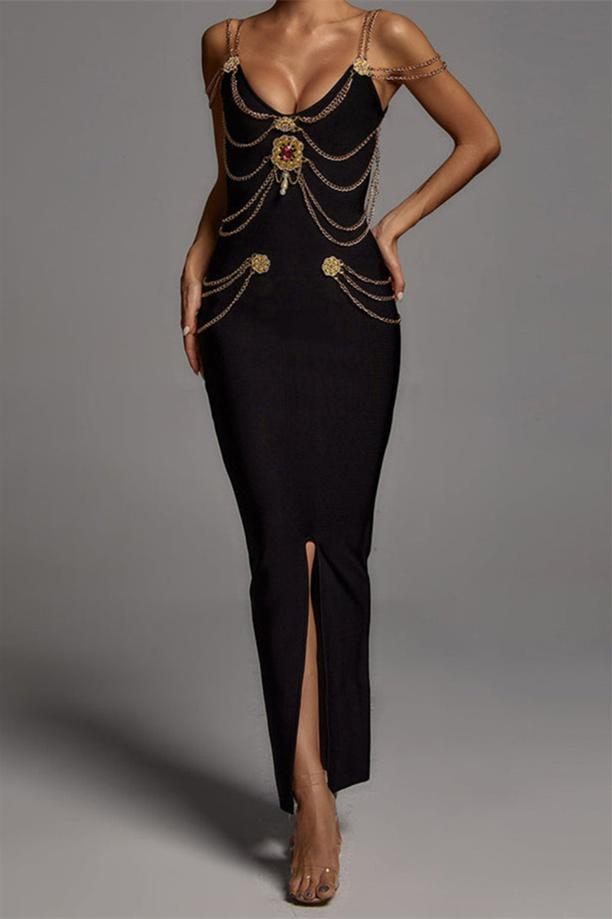 Metal Embellishment Deep V Midi