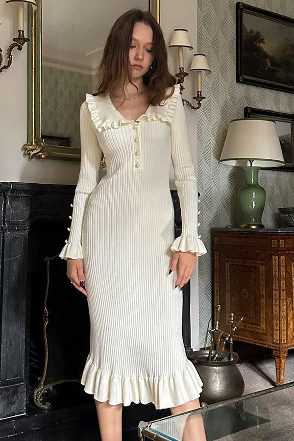 V-Neck Pearl Knit Knee Dress