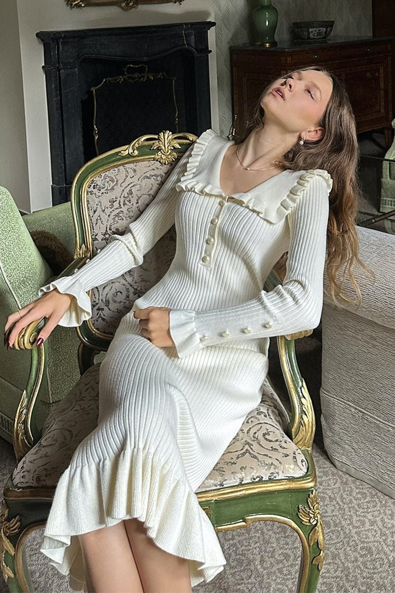 V-Neck Pearl Knit Knee Dress