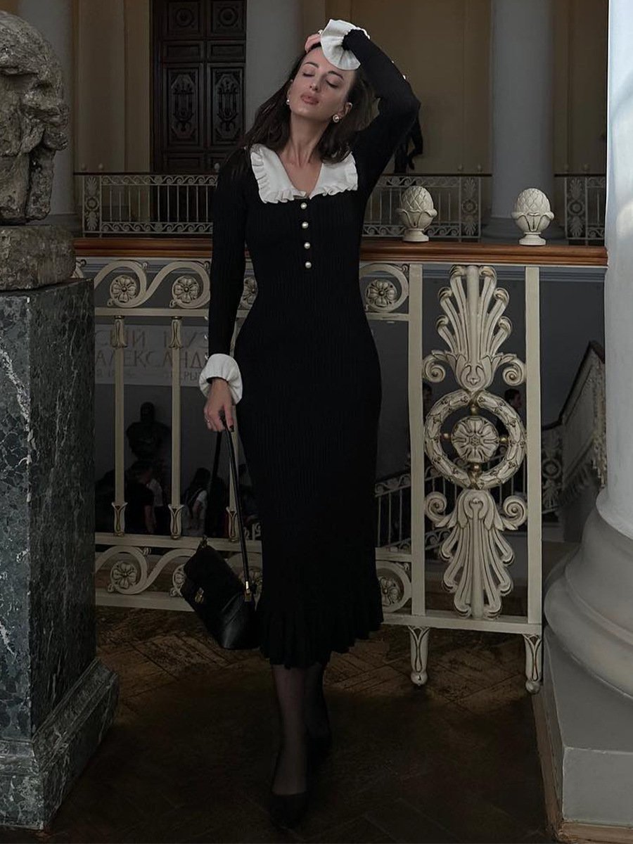 V-Neck Pearl Knit Knee Dress