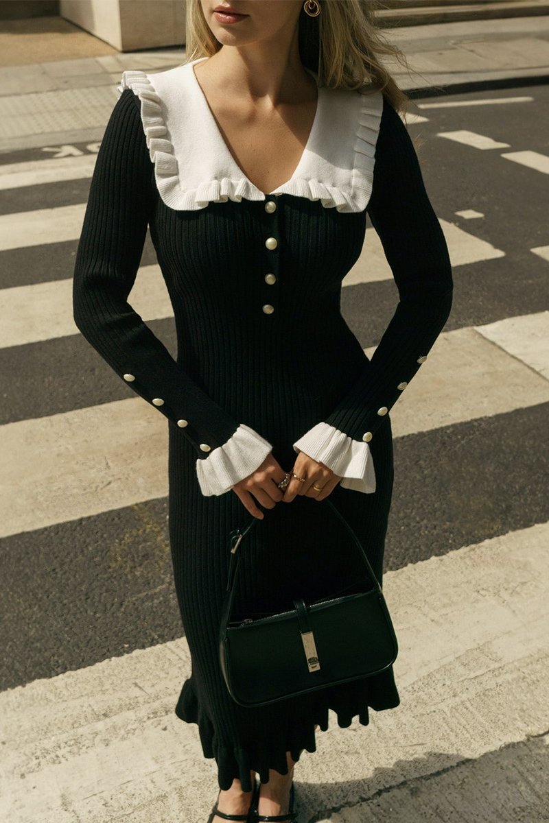 V-Neck Pearl Knit Knee Dress