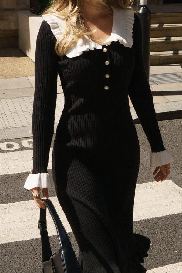 V-Neck Pearl Knit Knee Dress